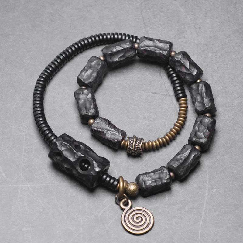 Geometric Ebony Wood and Copper Red Agate Double Wrap Bracelet