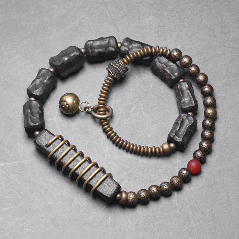 Geometric Ebony Wood and Copper Red Agate Double Wrap Bracelet