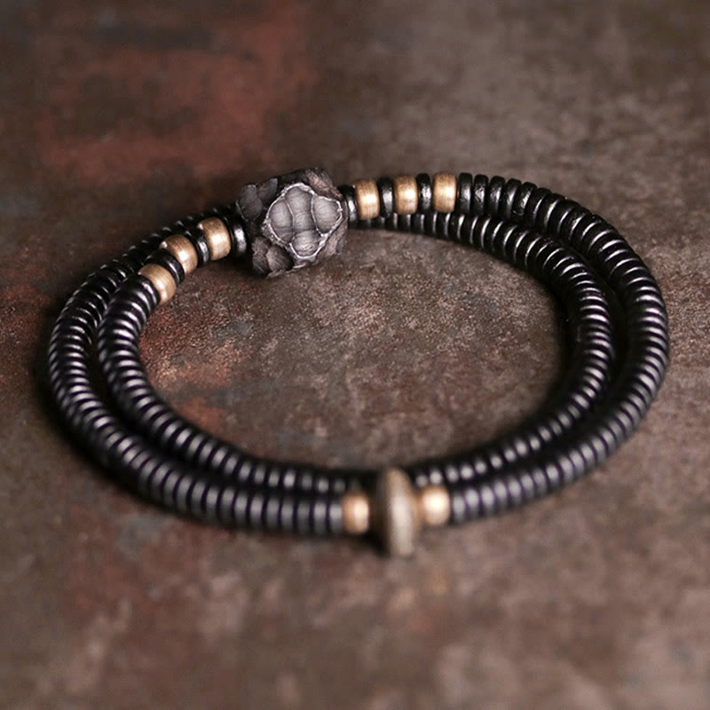 Grounding Ebony Wood and Brass Roller Bead Double Wrap Bracelet