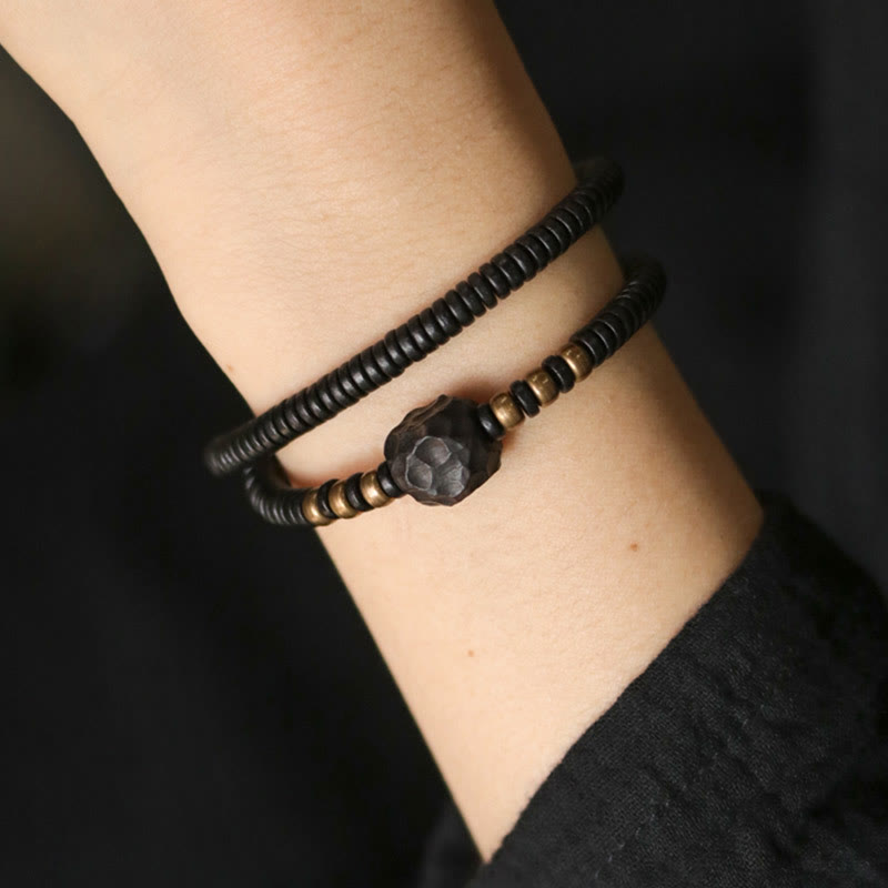 Grounding Ebony Wood and Brass Roller Bead Double Wrap Bracelet