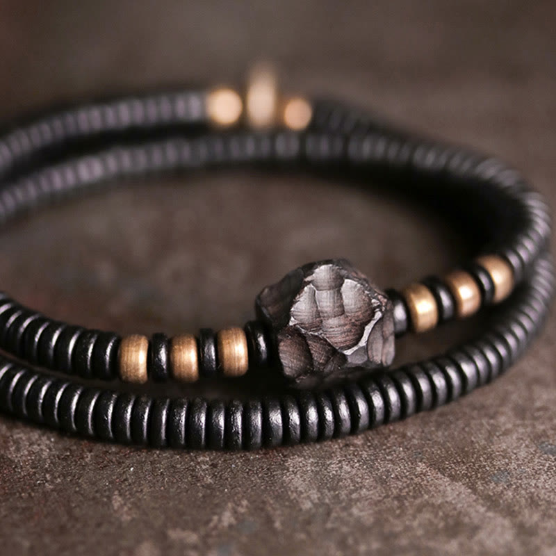 Grounding Ebony Wood and Brass Roller Bead Double Wrap Bracelet