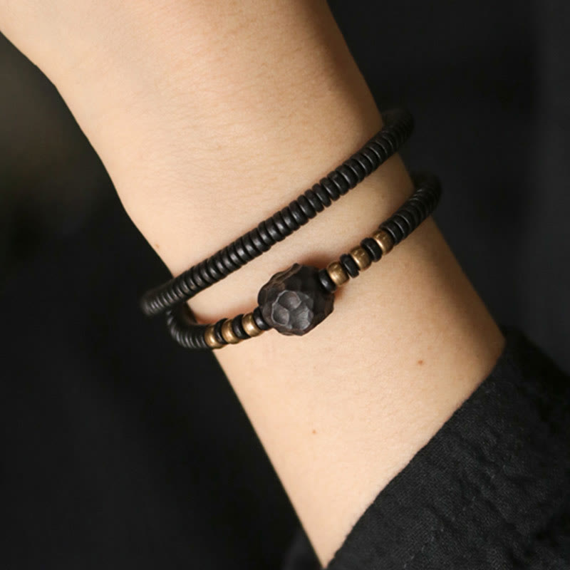 Grounding Ebony Wood and Brass Roller Bead Double Wrap Bracelet