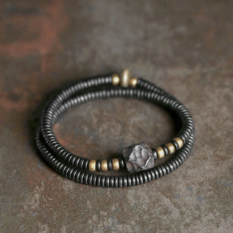 Grounding Ebony Wood and Brass Roller Bead Double Wrap Bracelet