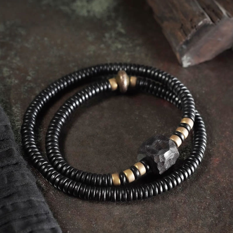 Grounding Ebony Wood and Brass Roller Bead Double Wrap Bracelet