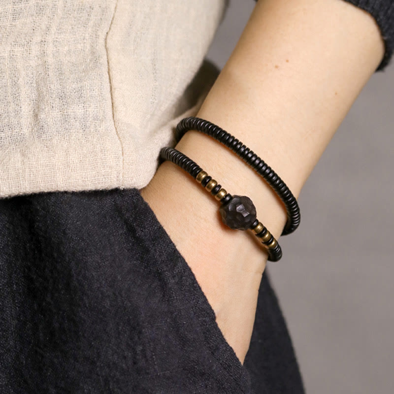 Grounding Ebony Wood and Brass Roller Bead Double Wrap Bracelet