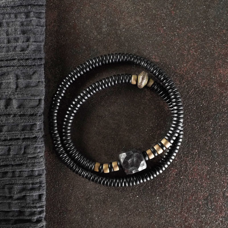 Grounding Ebony Wood and Brass Roller Bead Double Wrap Bracelet