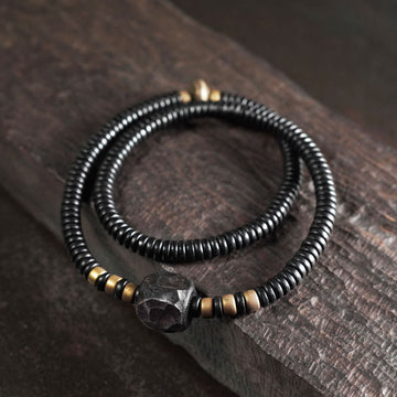 Grounding Ebony Wood and Brass Roller Bead Double Wrap Bracelet