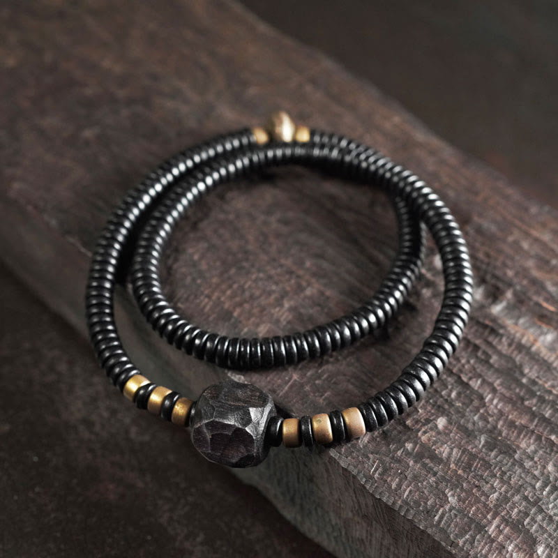 Grounding Ebony Wood and Brass Roller Bead Double Wrap Bracelet