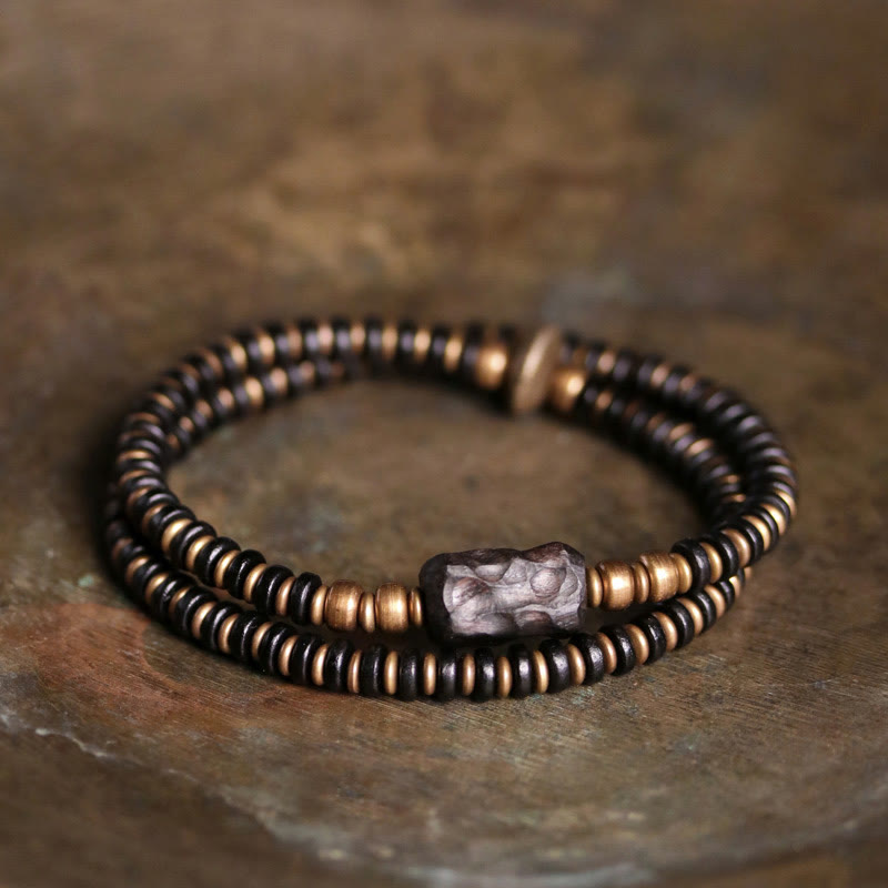 Ebony Wood Green Sandalwood Copper Brass Calm Double Wrap Bracelet