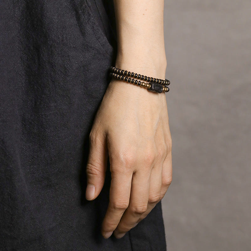 Ebony Wood Green Sandalwood Copper Brass Calm Double Wrap Bracelet