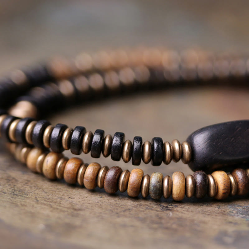 Ebony Wood Green Sandalwood Copper Brass Calm Double Wrap Bracelet