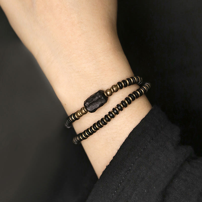 Ebony Wood Green Sandalwood Copper Brass Calm Double Wrap Bracelet