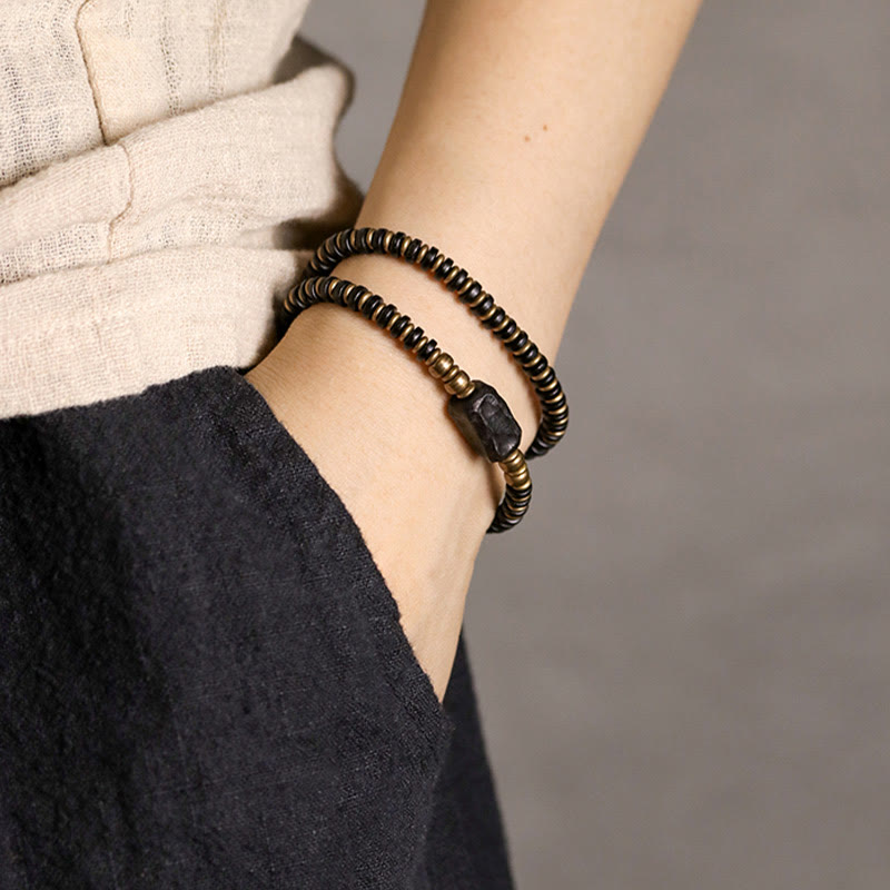 Ebony Wood Green Sandalwood Copper Brass Calm Double Wrap Bracelet