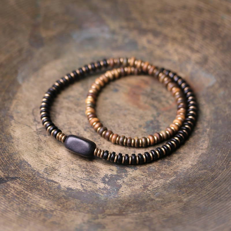 Ebony Wood Green Sandalwood Copper Brass Calm Double Wrap Bracelet