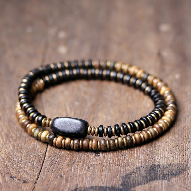 Ebony Wood Green Sandalwood Copper Brass Calm Double Wrap Bracelet
