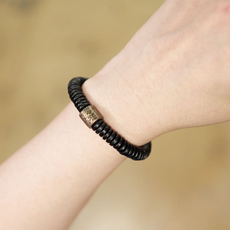 Matte Ebony Wood Roller Bead Bracelet with Brass and Copper Accents