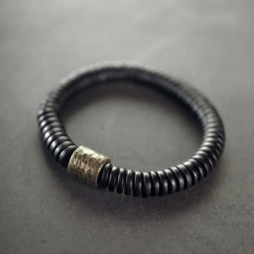 Matte Ebony Wood Roller Bead Bracelet with Brass and Copper Accents