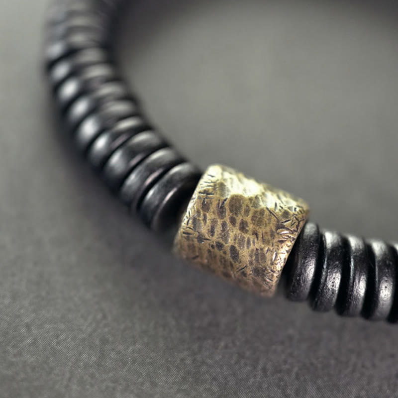 Matte Ebony Wood Roller Bead Bracelet with Brass and Copper Accents