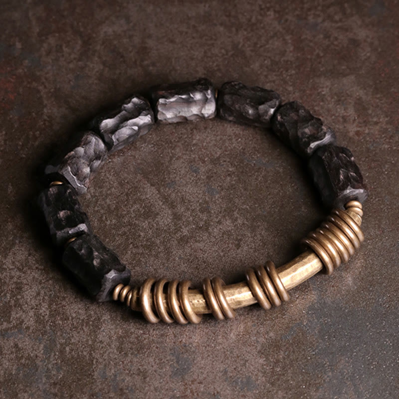 Ebony Wood, Brass & Copper Circular Ring Bracelet for Grounding & Balance