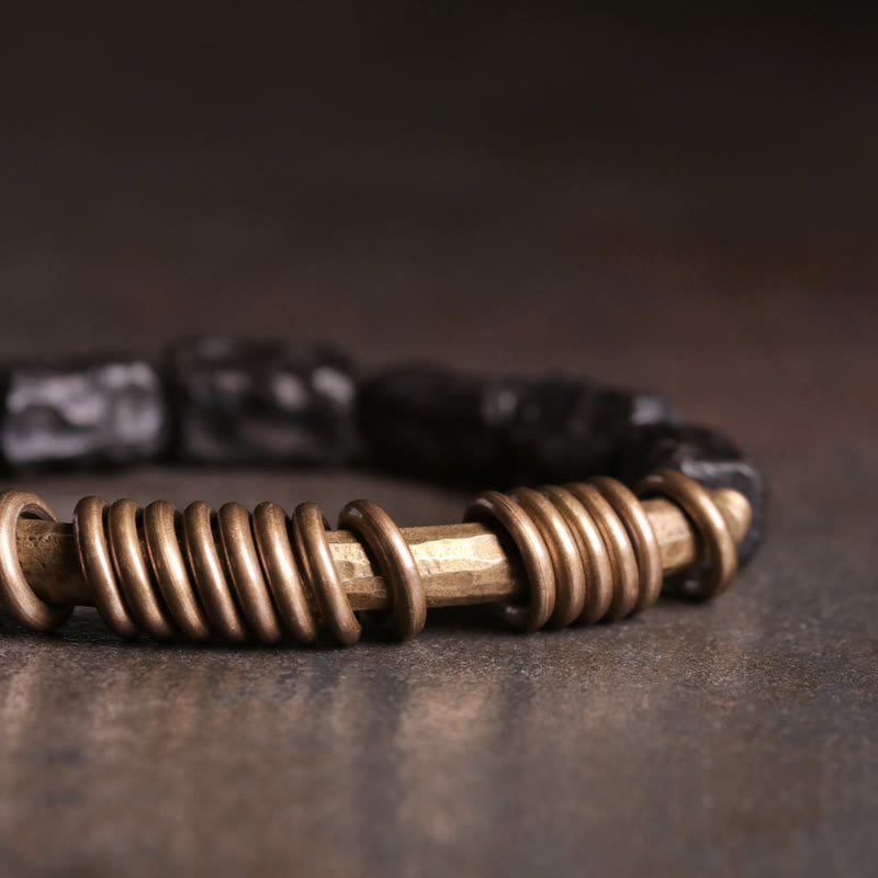 Ebony Wood, Brass & Copper Circular Ring Bracelet for Grounding & Balance