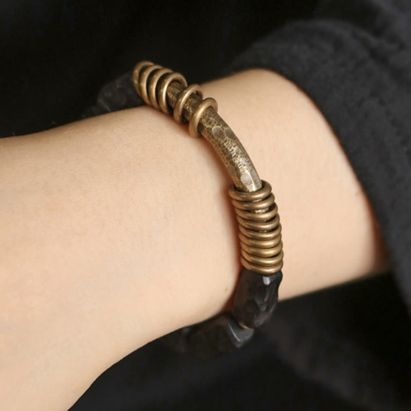 Ebony Wood, Brass & Copper Circular Ring Bracelet for Grounding & Balance