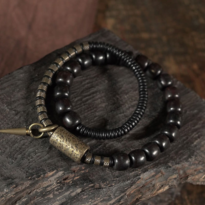 Vintage Ebony Wood Copper and Brass Double Wrap Cone Bead Bracelet
