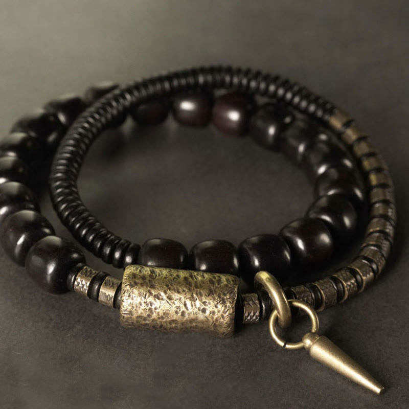 Vintage Ebony Wood Copper and Brass Double Wrap Cone Bead Bracelet