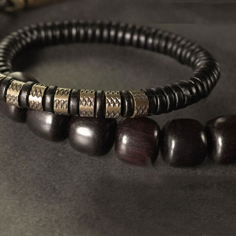 Vintage Ebony Wood Copper and Brass Double Wrap Cone Bead Bracelet