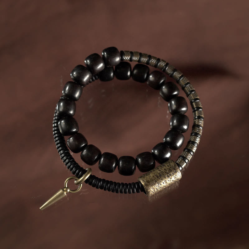 Vintage Ebony Wood Copper and Brass Double Wrap Cone Bead Bracelet
