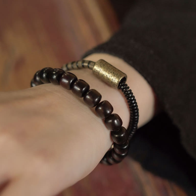 Vintage Ebony Wood Copper and Brass Double Wrap Cone Bead Bracelet