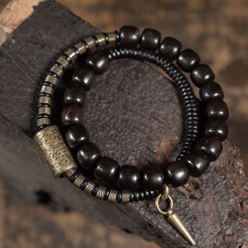 Vintage Ebony Wood Copper and Brass Double Wrap Cone Bead Bracelet
