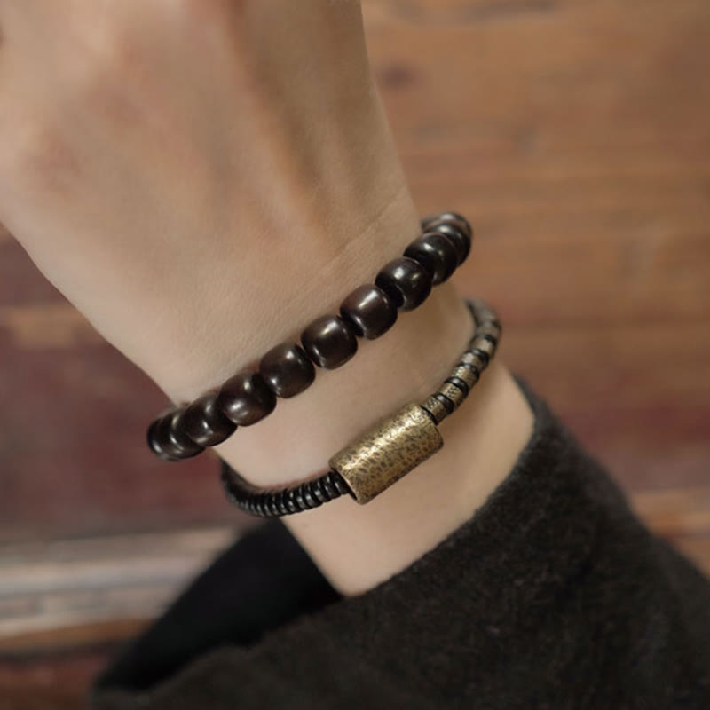 Vintage Ebony Wood Copper and Brass Double Wrap Cone Bead Bracelet