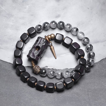 Ebony Wood Black Rutilated Quartz Copper Brass Double Wrap Balance Bracelet