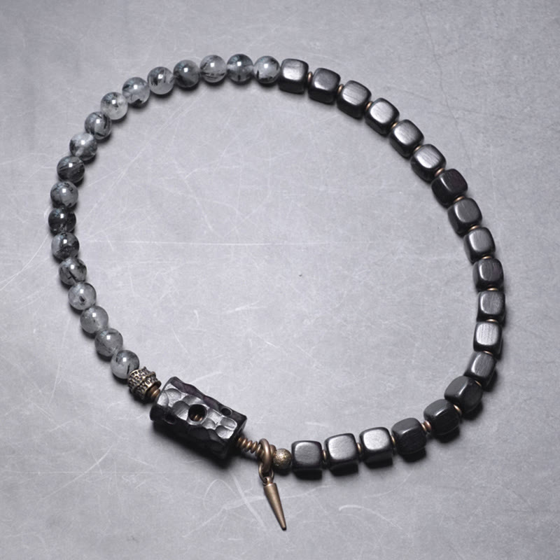 Ebony Wood Black Rutilated Quartz Copper Brass Double Wrap Balance Bracelet