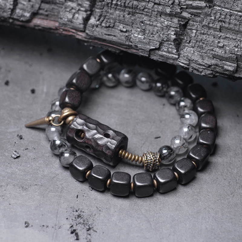Ebony Wood Black Rutilated Quartz Copper Brass Double Wrap Balance Bracelet