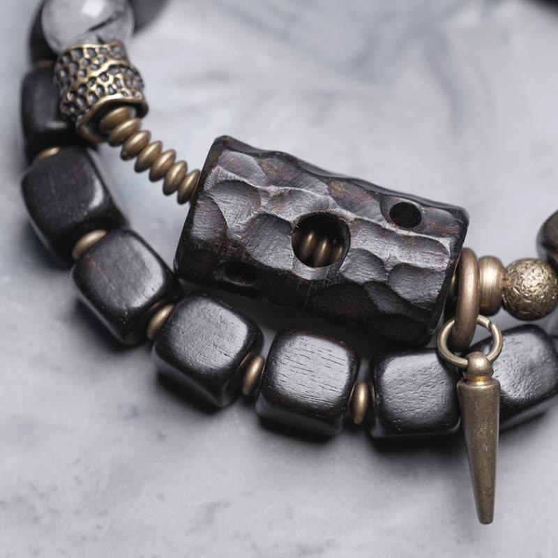 Ebony Wood Black Rutilated Quartz Copper Brass Double Wrap Balance Bracelet