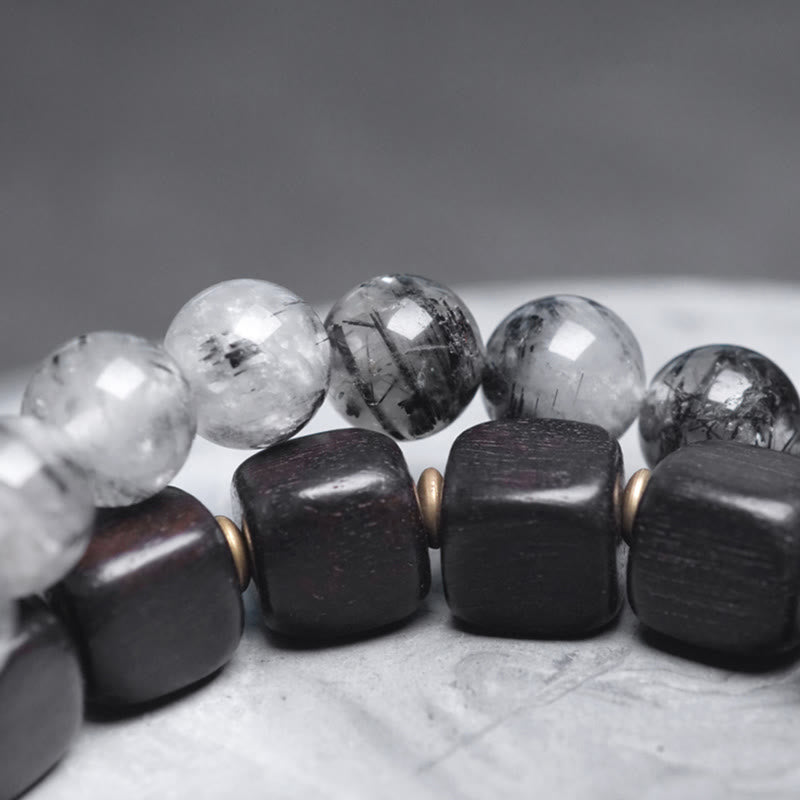 Ebony Wood Black Rutilated Quartz Copper Brass Double Wrap Balance Bracelet