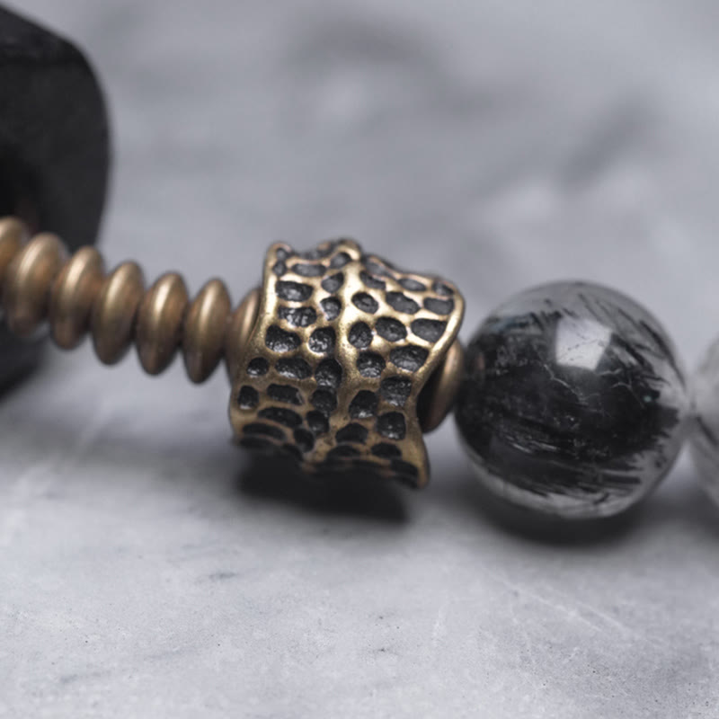 Ebony Wood Black Rutilated Quartz Copper Brass Double Wrap Balance Bracelet