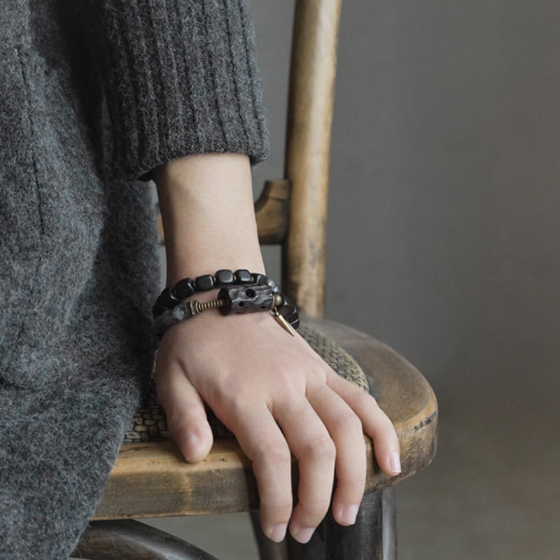 Ebony Wood Black Rutilated Quartz Copper Brass Double Wrap Balance Bracelet