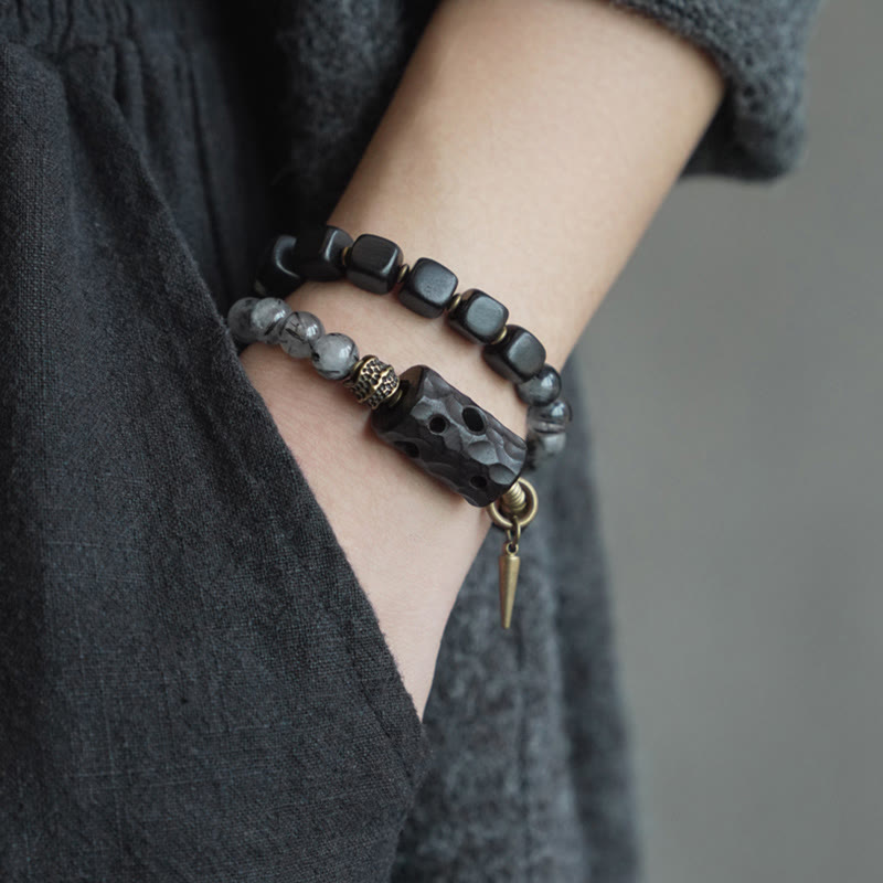 Ebony Wood Black Rutilated Quartz Copper Brass Double Wrap Balance Bracelet