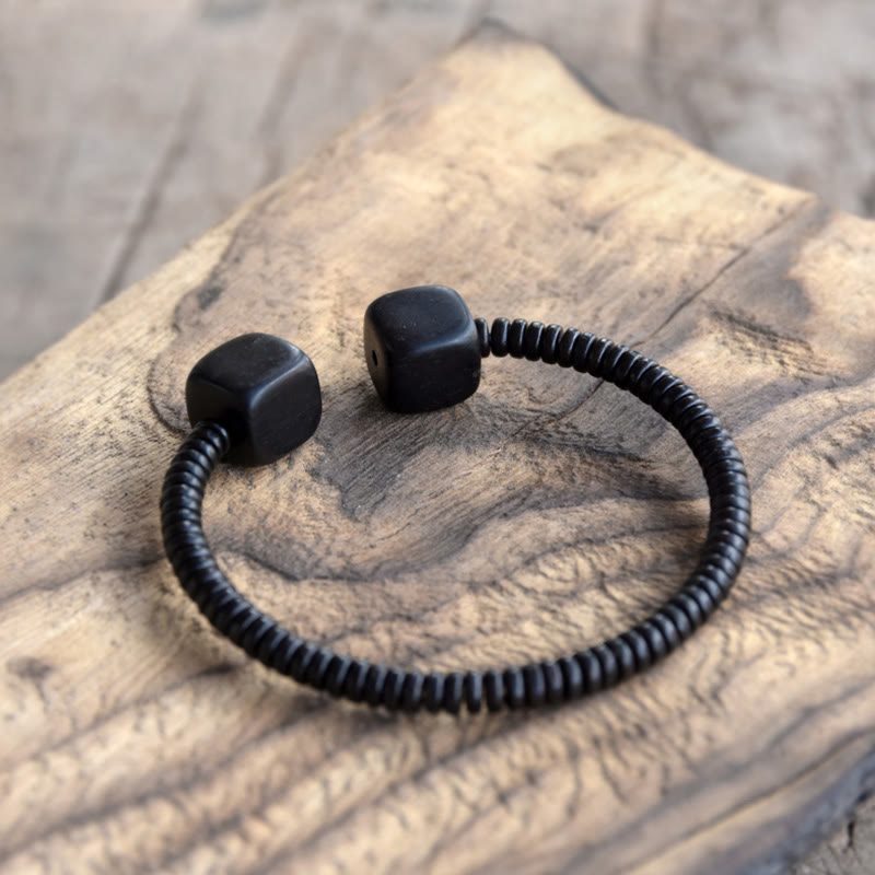 Minimalist Wood Cube Open Balance Bracelet - Ebony & Green Sandalwood