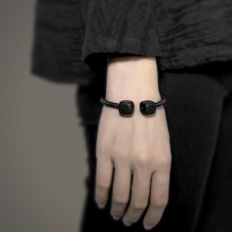 Minimalist Wood Cube Open Balance Bracelet - Ebony & Green Sandalwood