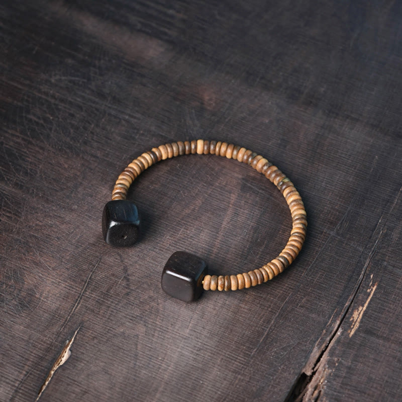 Minimalist Wood Cube Open Balance Bracelet - Ebony & Green Sandalwood