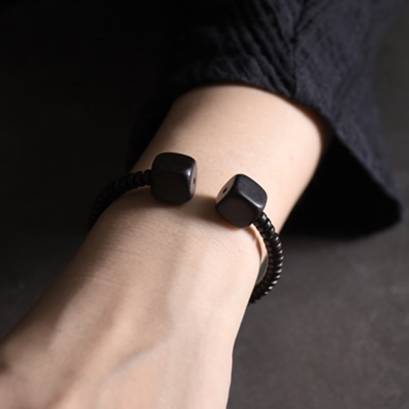 Minimalist Wood Cube Open Balance Bracelet - Ebony & Green Sandalwood