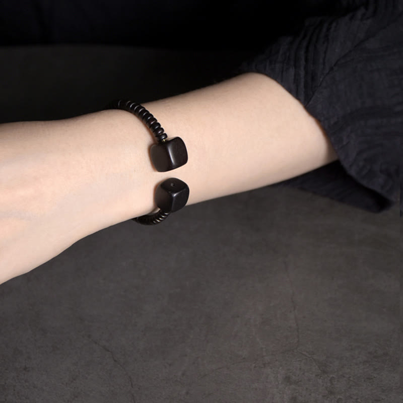 Minimalist Wood Cube Open Balance Bracelet - Ebony & Green Sandalwood