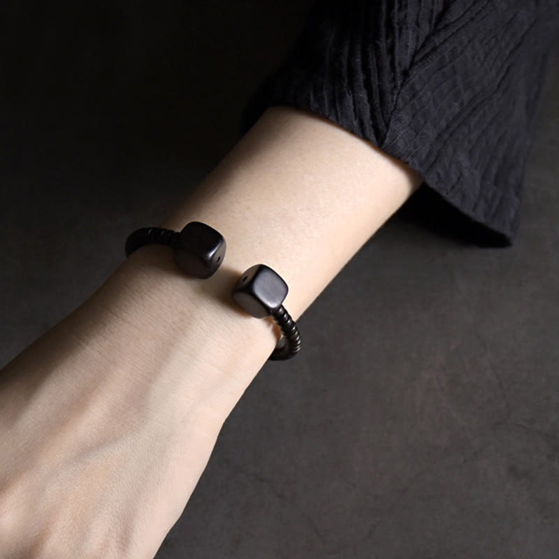 Minimalist Wood Cube Open Balance Bracelet - Ebony & Green Sandalwood