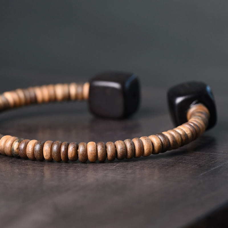 Minimalist Wood Cube Open Balance Bracelet - Ebony & Green Sandalwood