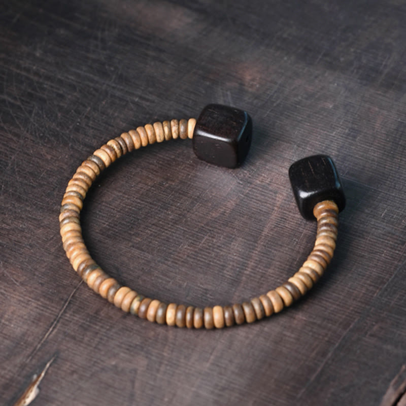 Minimalist Wood Cube Open Balance Bracelet - Ebony & Green Sandalwood