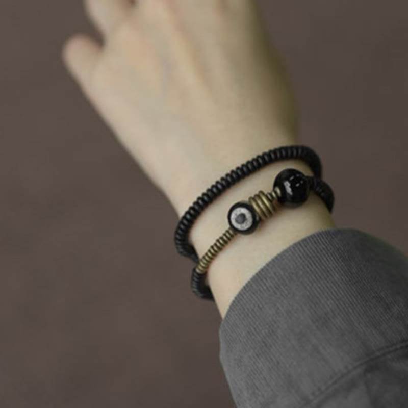 Ebony Wood Green Sandalwood Copper Brass Dzi Bead Black Onyx Calm Double Wrap Bracelet