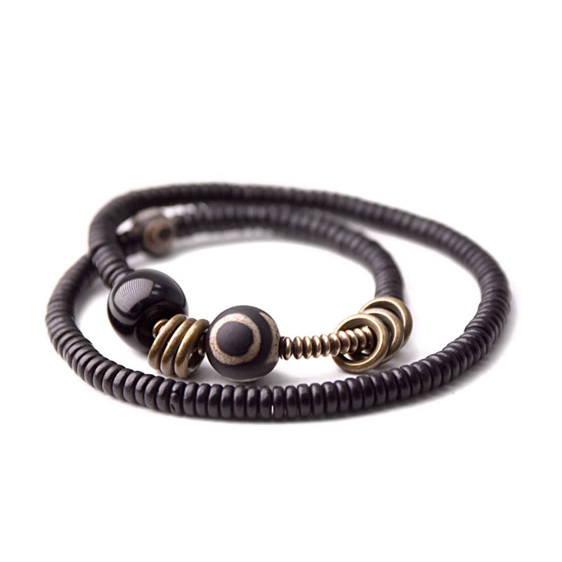 Ebony Wood Green Sandalwood Copper Brass Dzi Bead Black Onyx Calm Double Wrap Bracelet